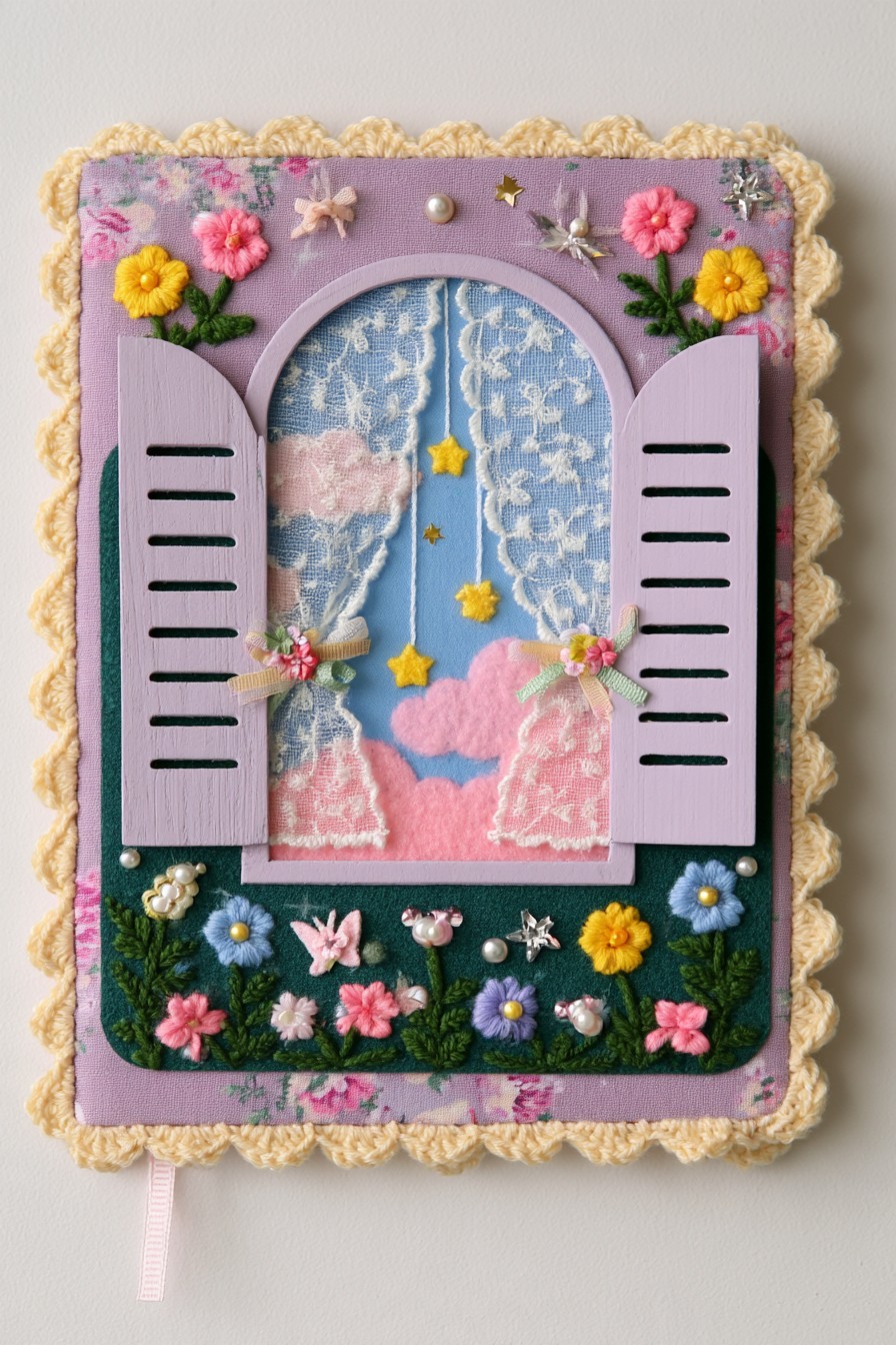 Lavender shuttered window on a sketchbook cover above a small embroidered flower garden