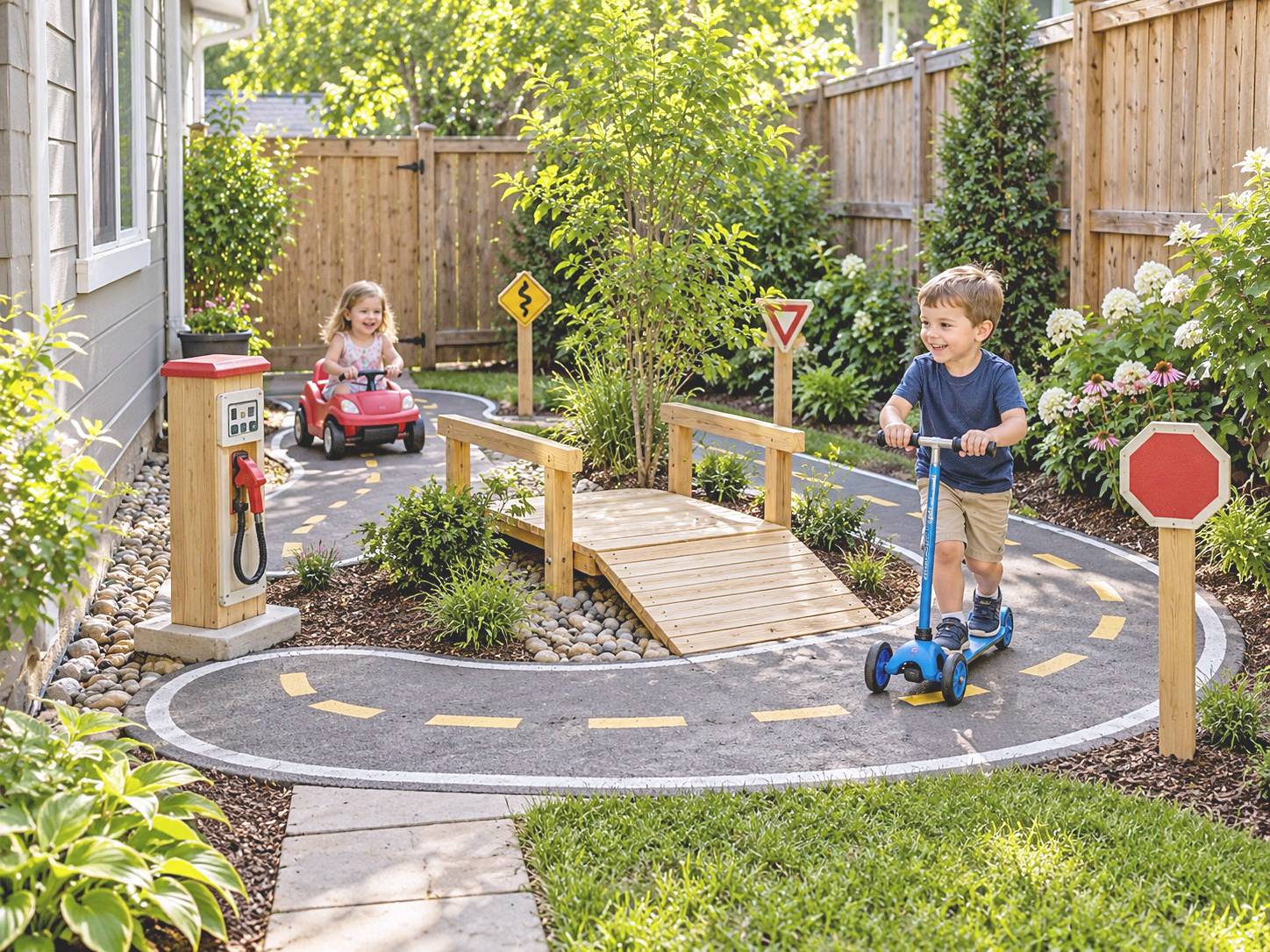 Mini garden road with a scooter, ride-on car, traffic signs, and a small wooden bridge