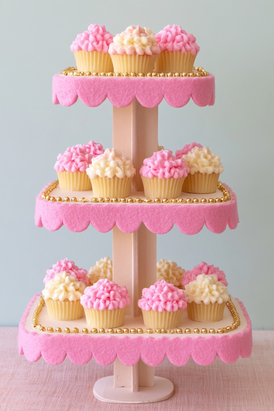 Round blush cupcake tiers with scalloped edging and a pale central support