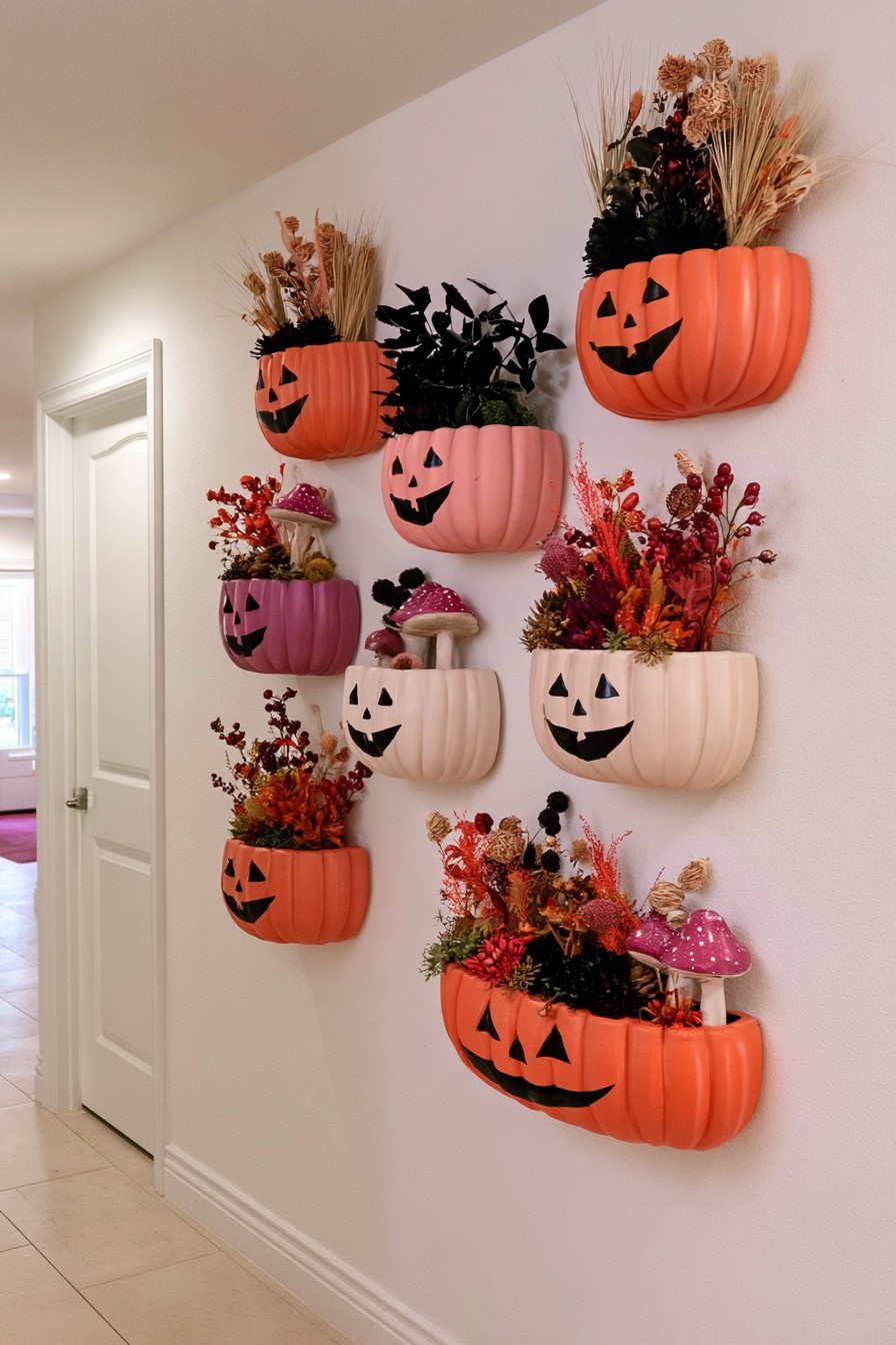Eight orange, pink, and white pumpkin wall pockets holding flowers and grasses