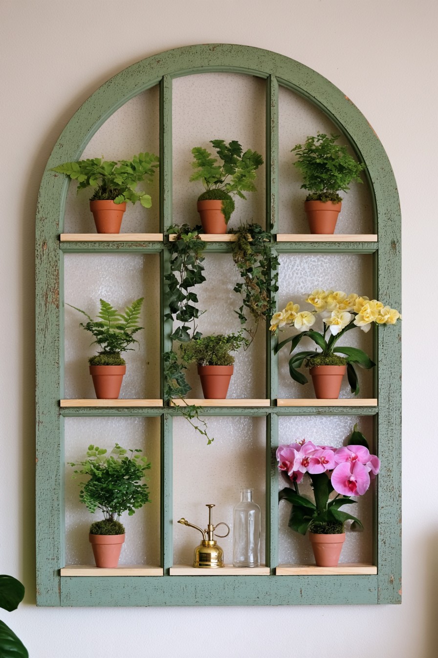 Arched old window converted into a small multi level indoor plant shelf