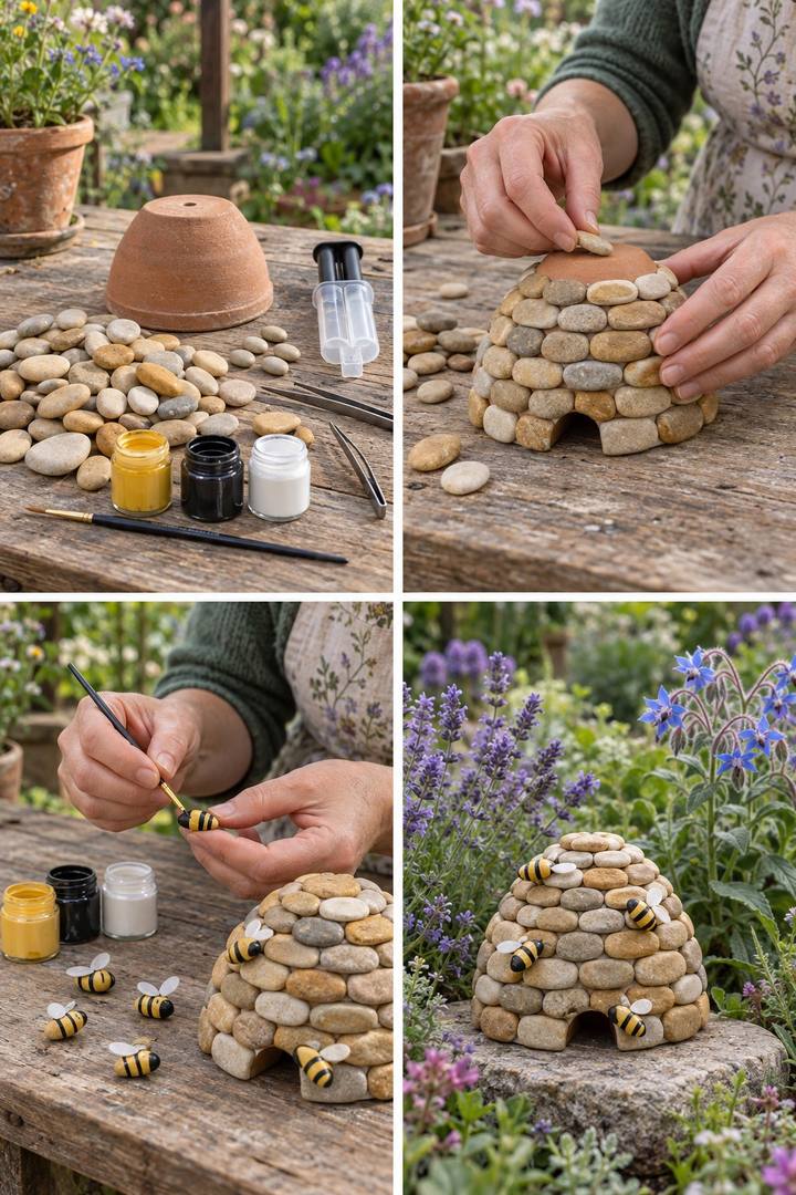 An inverted terracotta pot clad in cream pebbles with a dark decorative doorway and small yellow bee accents
