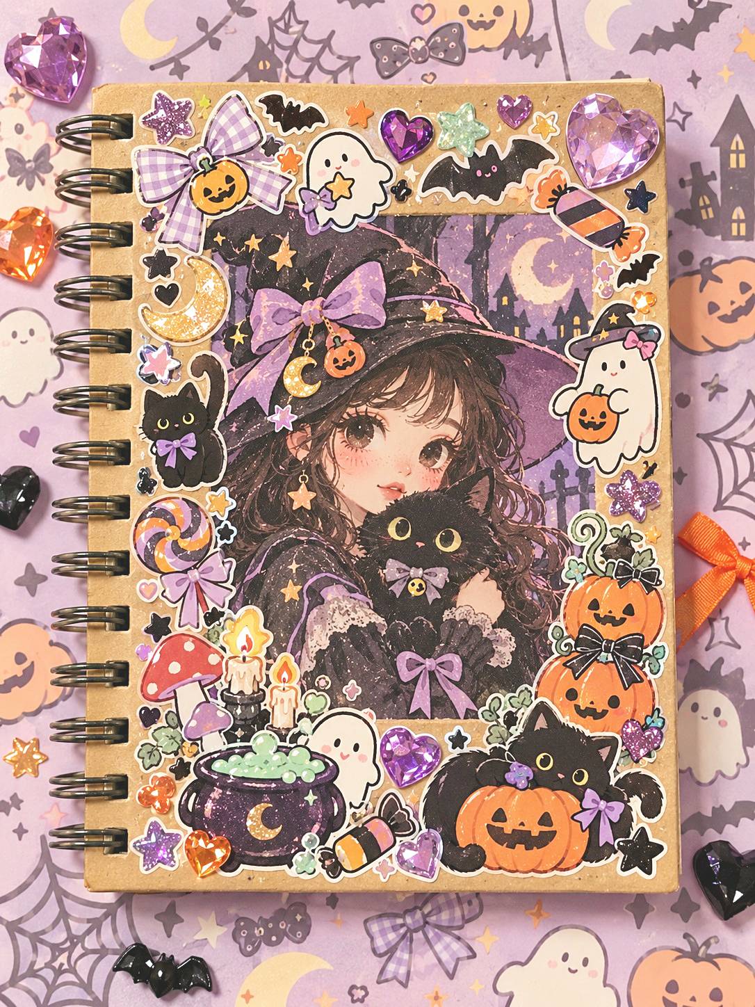 Lavender and orange Halloween sketchbook cover with a witch illustration, cats, pumpkins, bats, and stars