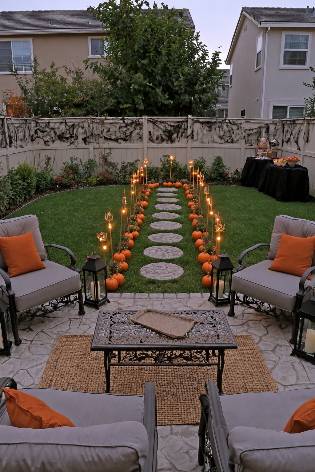 Round stepping-stone path bordered with pumpkins and lighted stakes beyond gray patio chairs