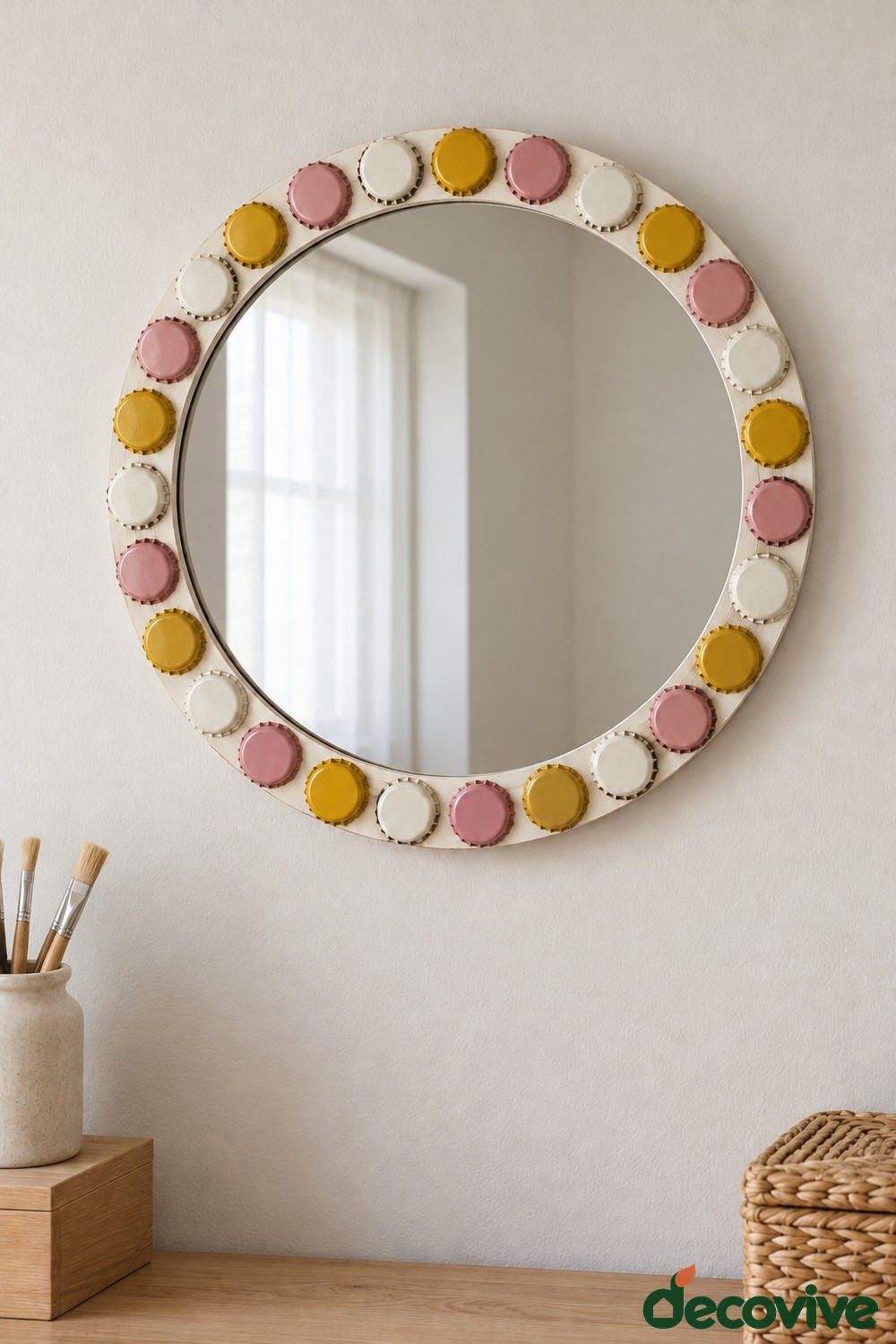Round cream mirror frame decorated with pink yellow and white metal bottle caps