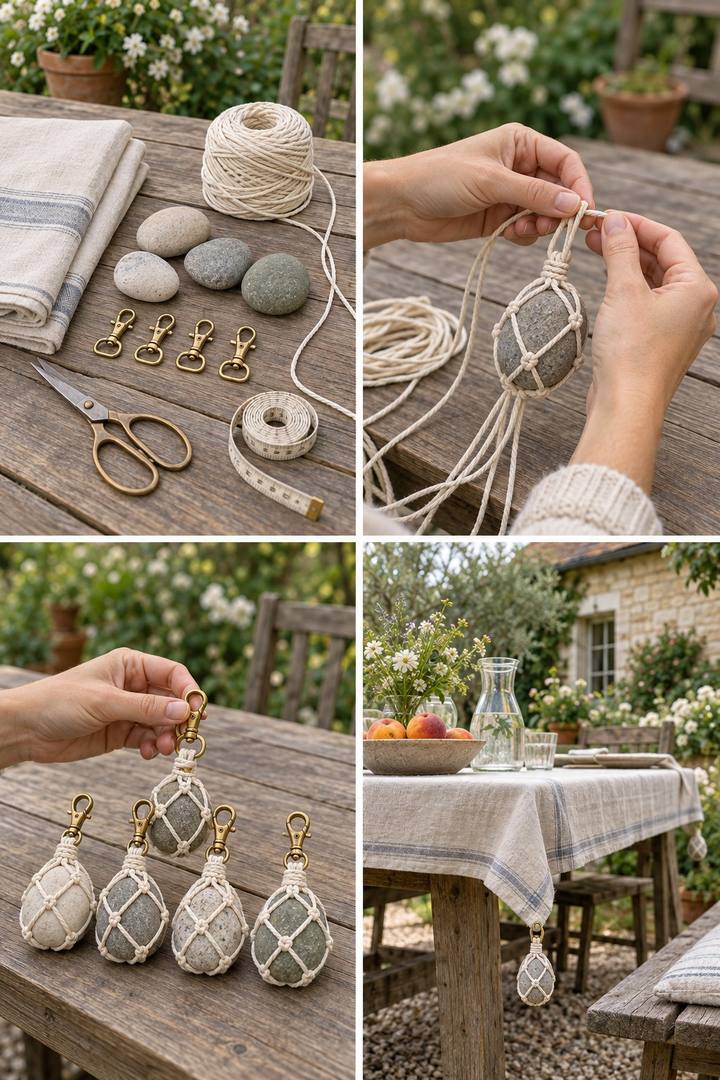 Four smooth pebbles held in knotted cream cord nets with clips for attaching to a tablecloth