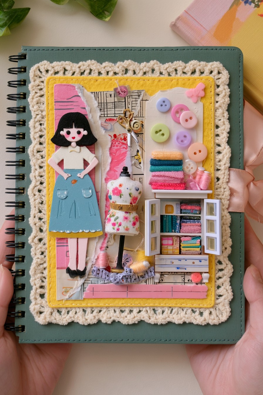 Green sketchbook with a miniature sewing studio panel, dress form, fabric stacks, buttons, and a small cabinet
