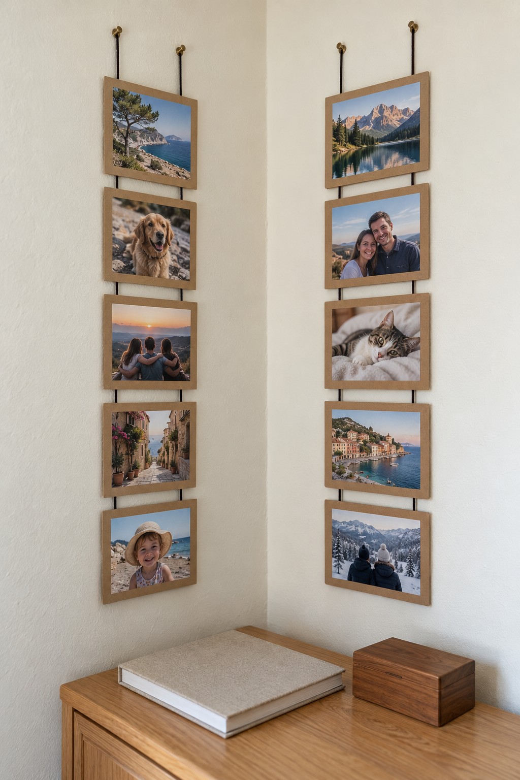Two columns of five wooden photo frames suspended on adjacent walls above a cabinet