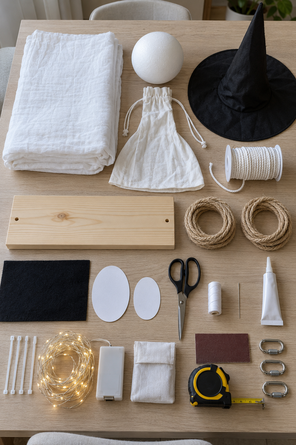 Materials for a white fabric witch ghost and a decorative wooden swing arranged on a home craft table.