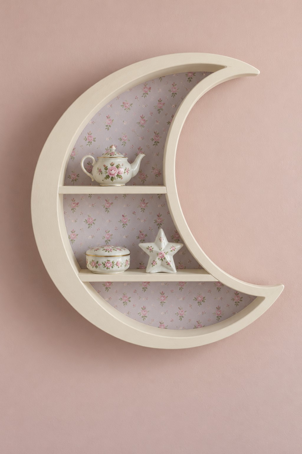 Cream crescent moon wall shelf with lilac rose backing, a floral teapot, a lidded bowl, and a small star