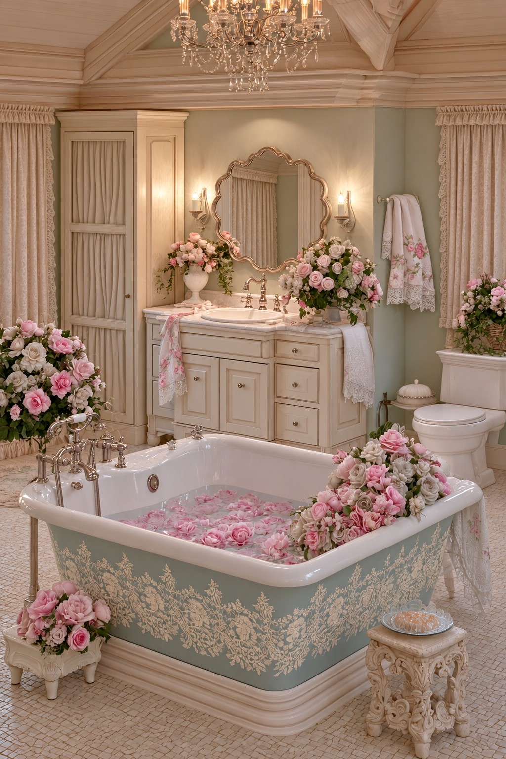 Sage freestanding bathtub with cream lace like botanical detailing in an ivory bathroom