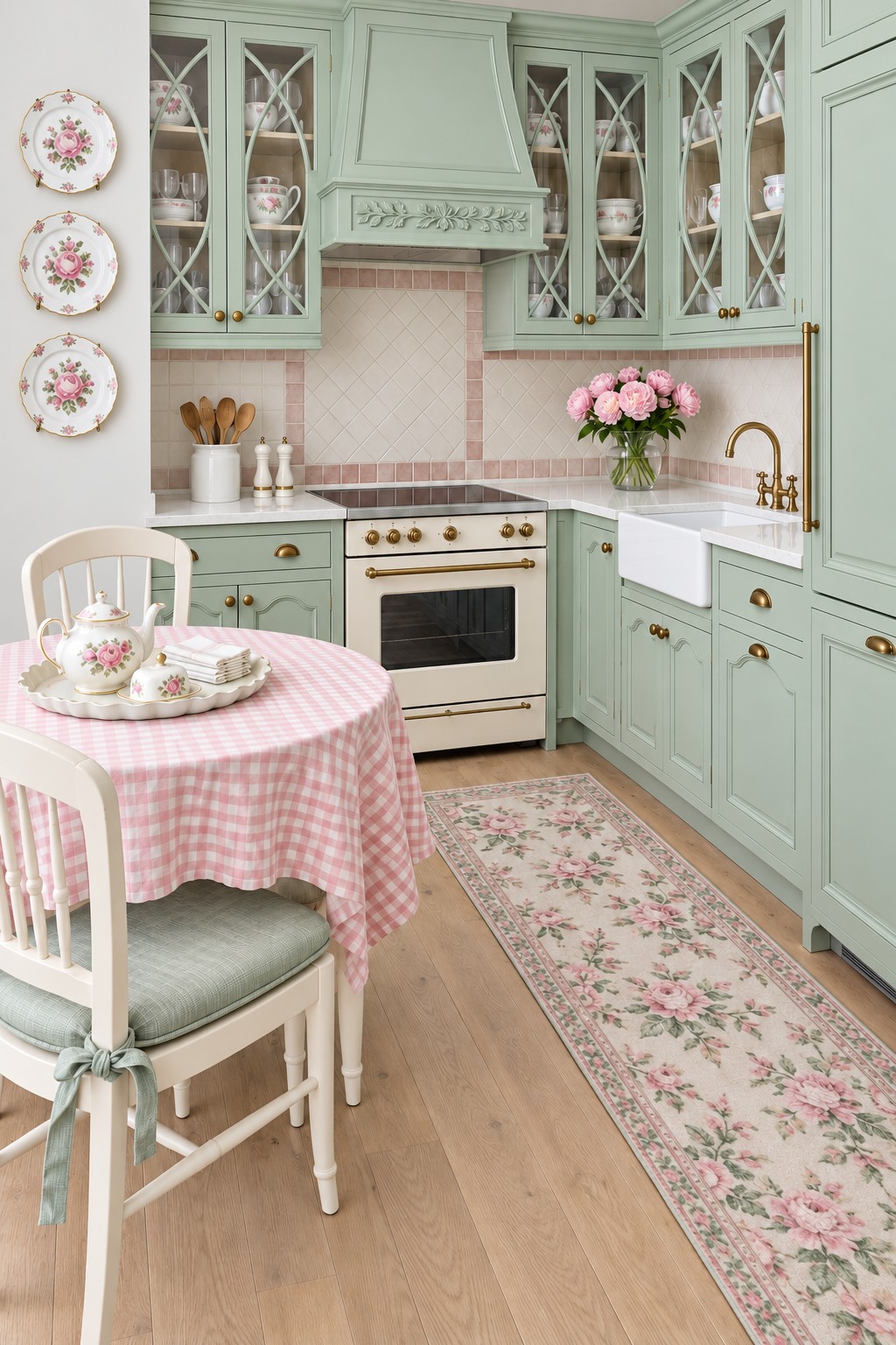 Mint green kitchen with rose patterned wall plates, a pink gingham tablecloth, pink flowers, and a floral runner rug