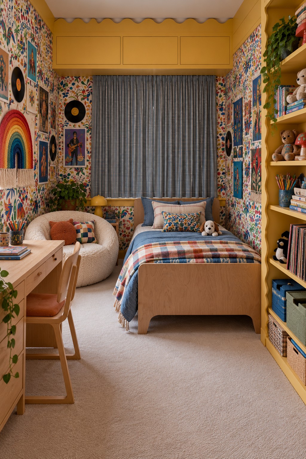 Narrow floral bedroom with a single wooden bed, plaid blanket, cream chair, desk, and yellow shelving
