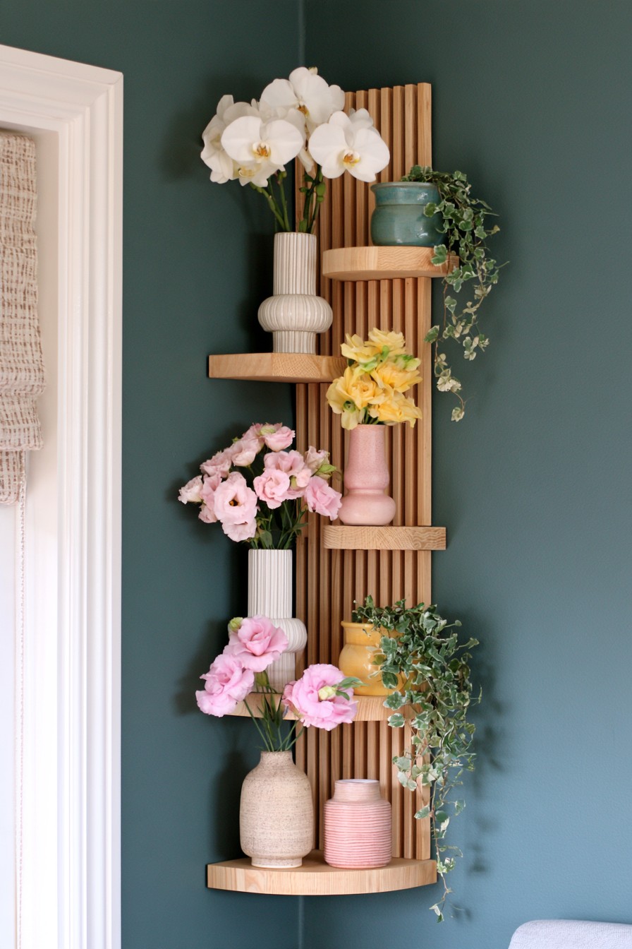 Narrow slatted timber shelf panel with pastel flower vases, a tall white orchid shaped arrangement, and trailing potted greenery