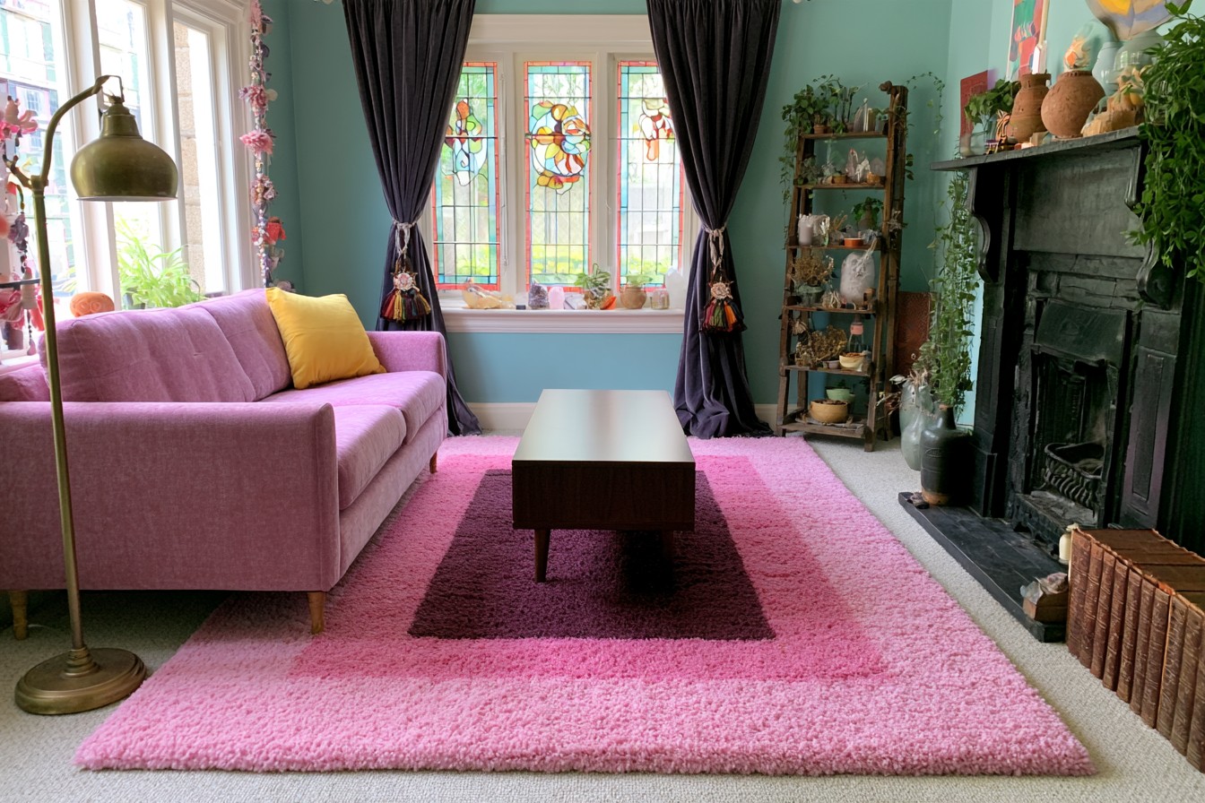Plum sofa and brass floor lamp beside teal walls, stained glass, black curtains, and a large pink rug