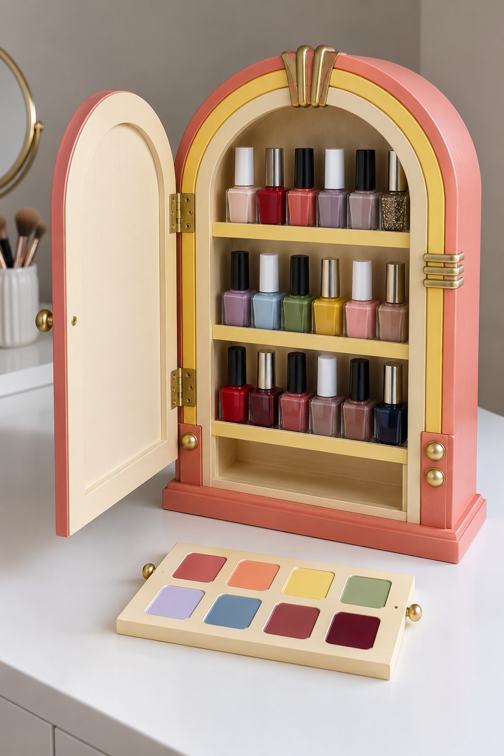 Coral and yellow arched jukebox style nail polish cabinet with three shelves and a separate swatch card