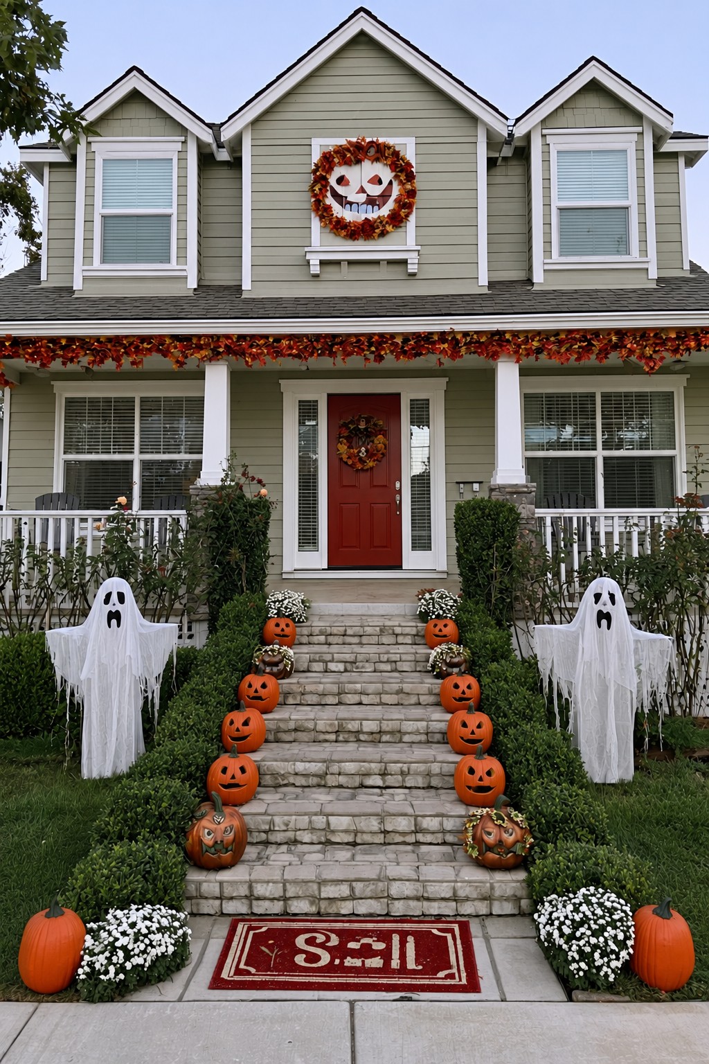 Front steps bordered with expressive pumpkins and two white ghosts beneath autumn garlands