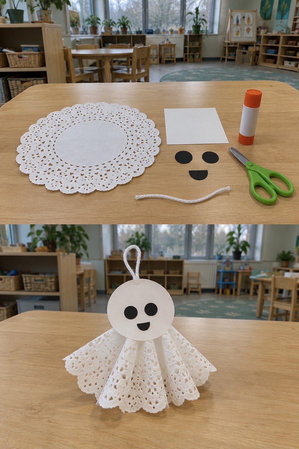 Paper doily and face pieces above a smiling lacy ghost with a short hanging loop
