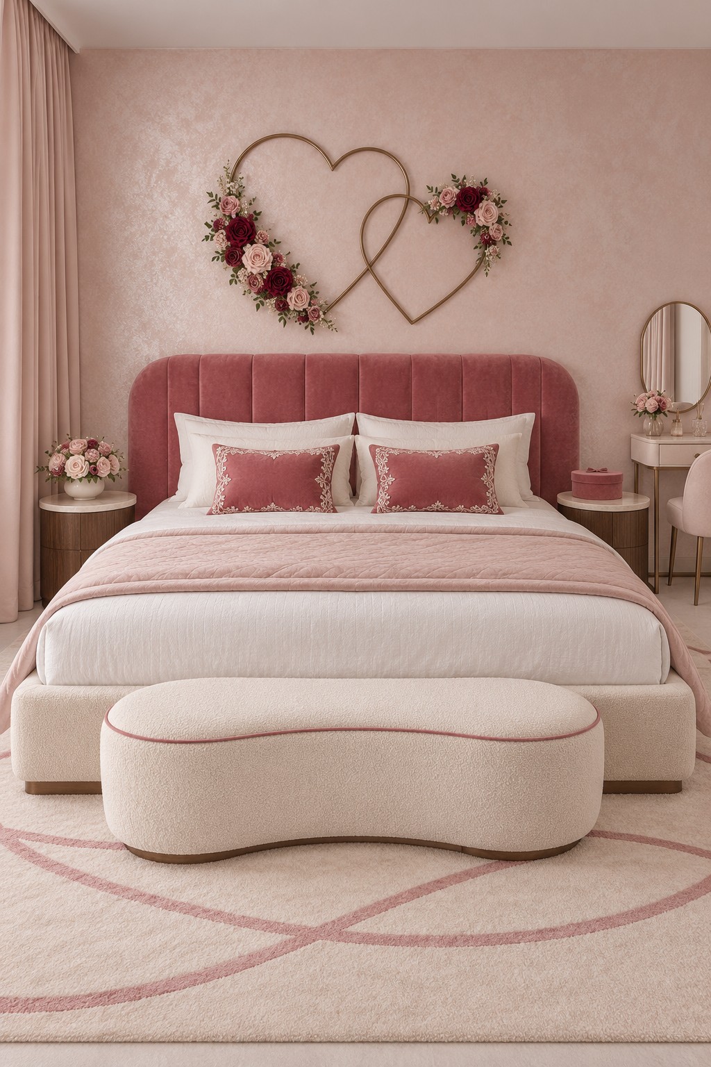 Rose upholstered headboard beneath two linked gold heart outlines with flowers and a curved cream bench