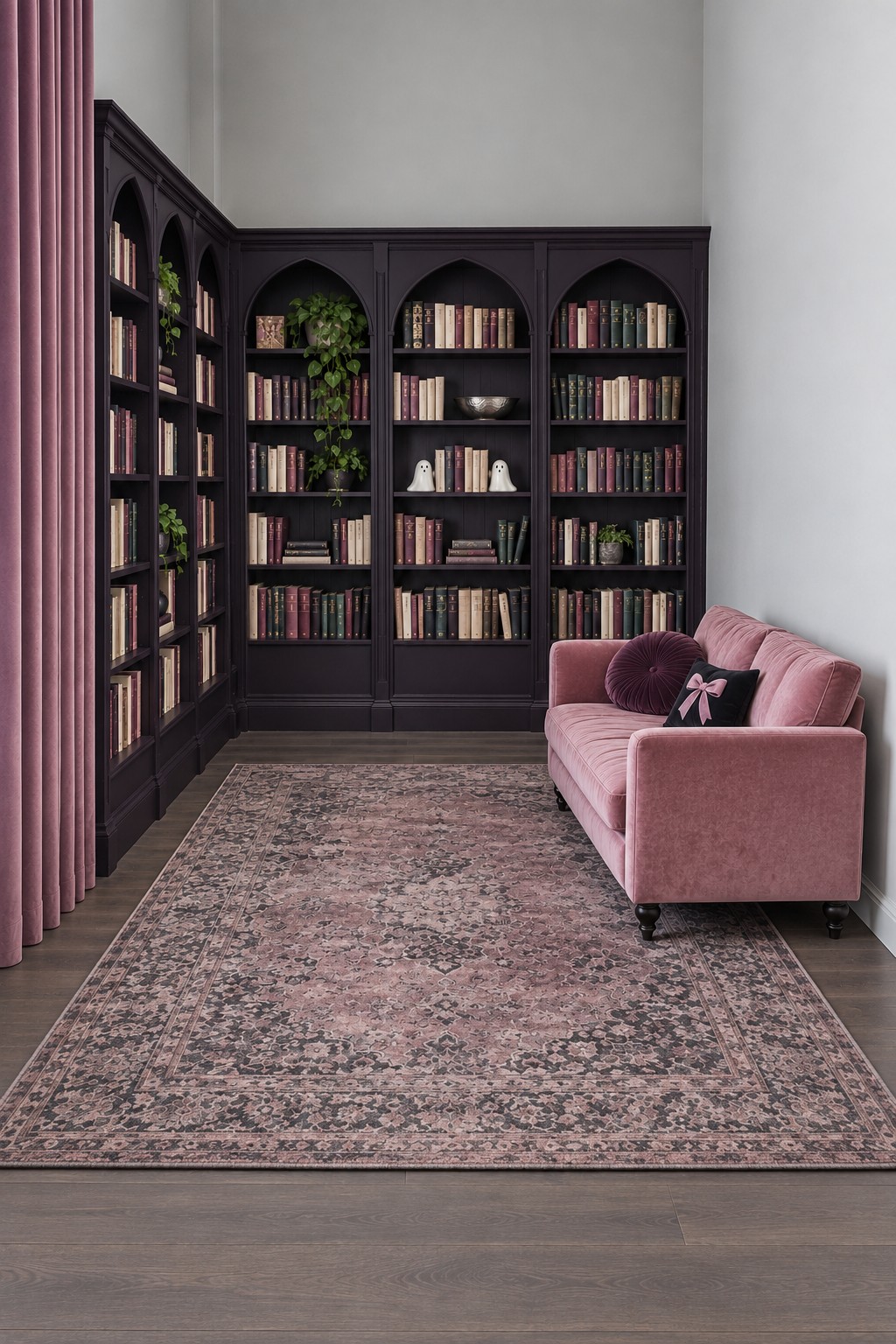 Black pointed arch bookcases wrapping a corner opposite a dusty rose loveseat with plum curtains and a muted patterned rug