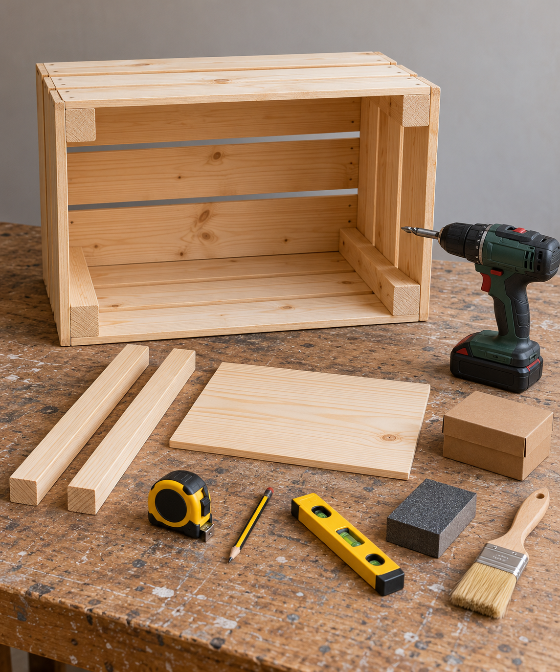 Empty wooden crate with support strips, a panel, drill, screw box, tape measure, level, sanding block and brush
