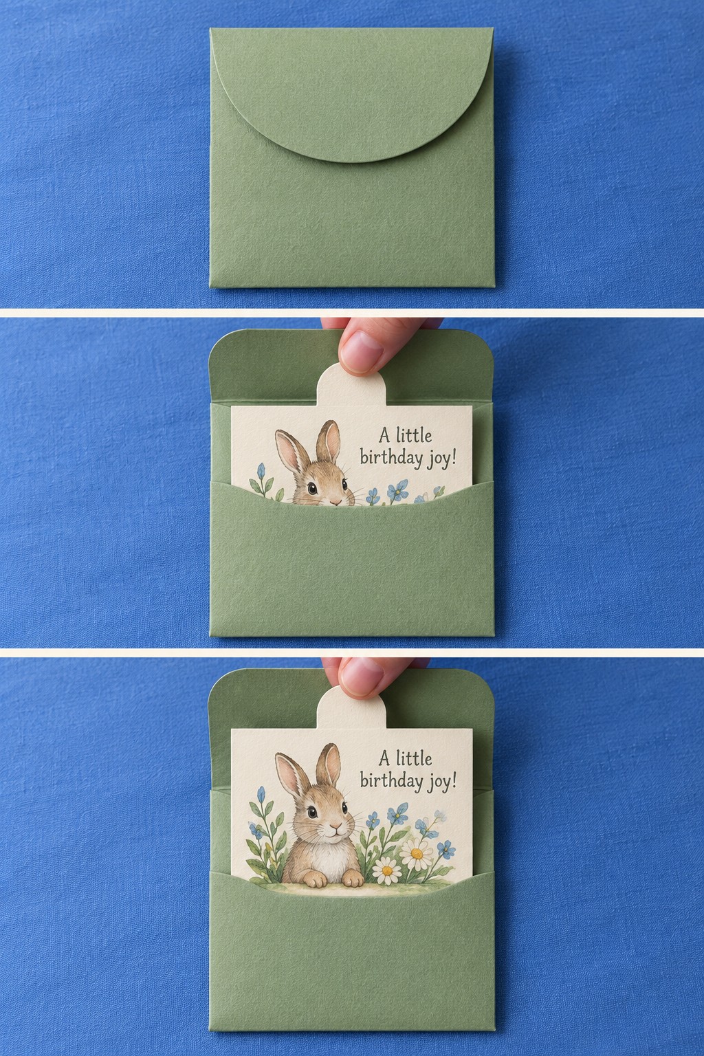 Three views of a sage paper envelope opening to reveal a removable bunny and flower birthday note