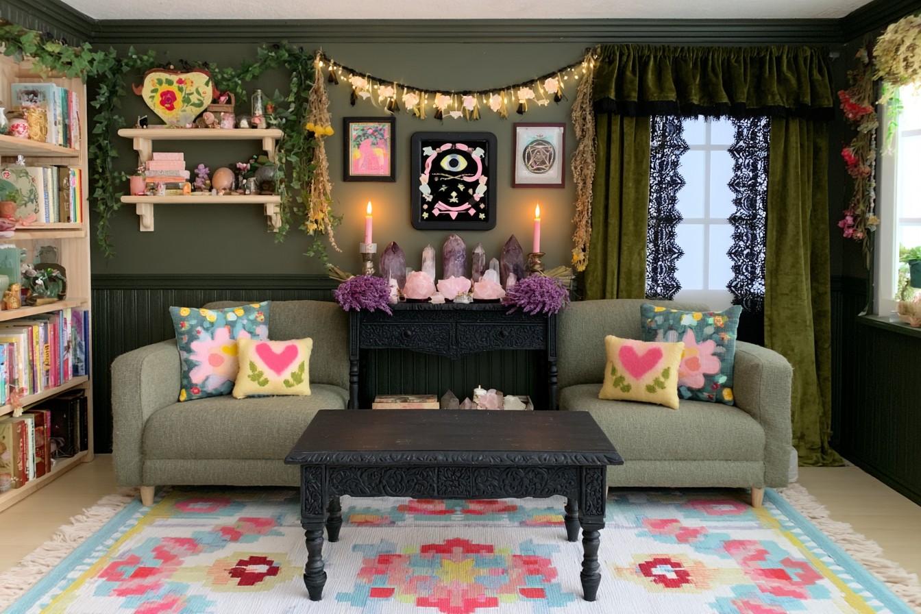 Two sage armchairs beside a black carved fireplace surround, with purple crystal displays, botanical garlands, and olive curtains