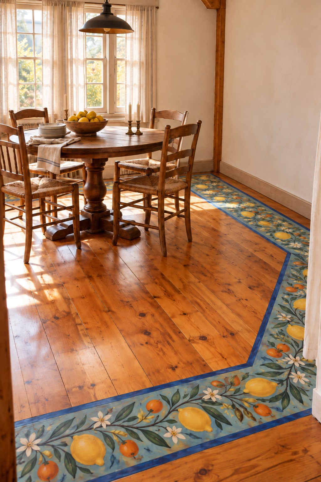 Blue floor border with large yellow lemons, orange fruit, white flowers, and green leaves around natural wood