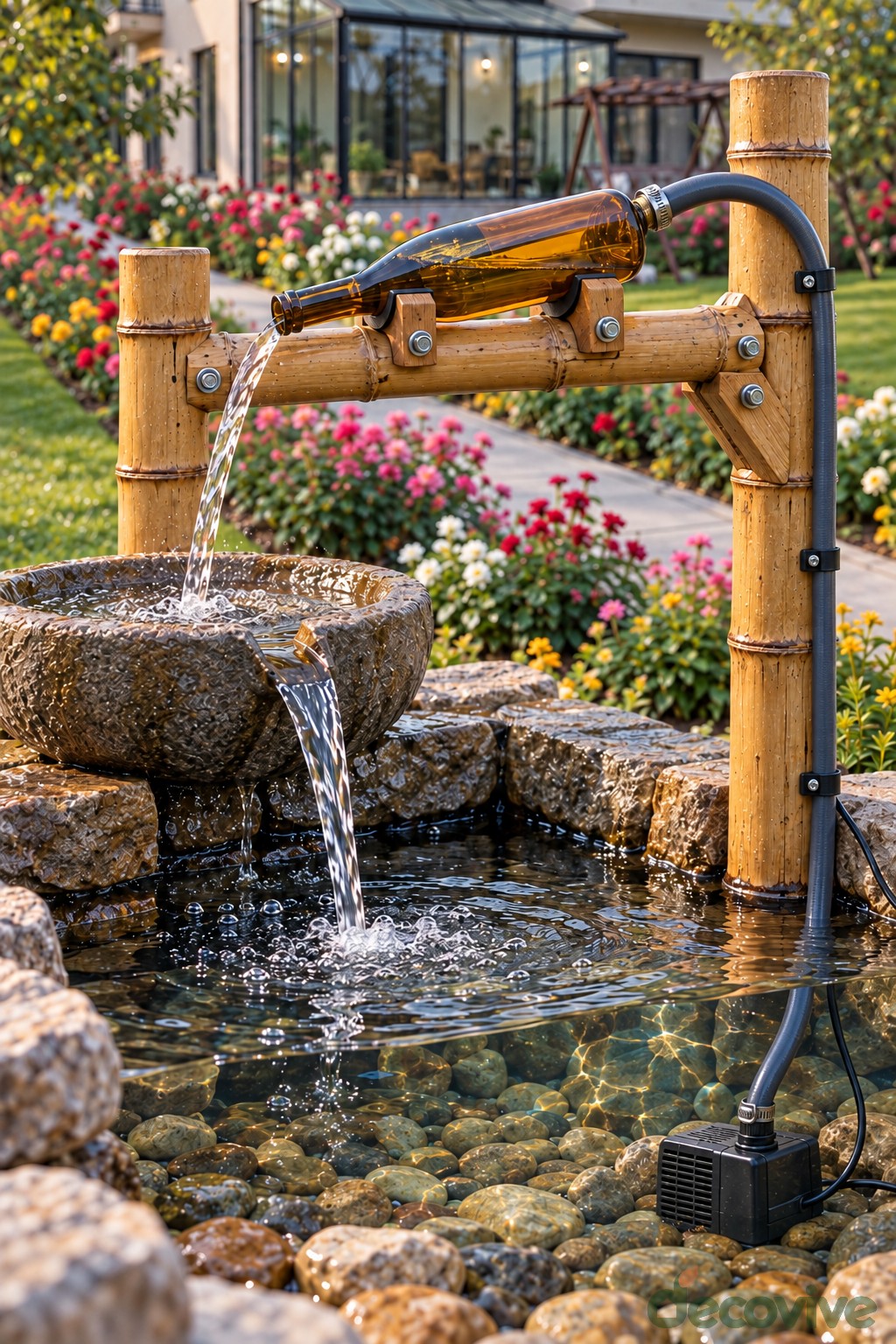 Amber bottle mounted on a bamboo stand pouring into a stone bowl and pond