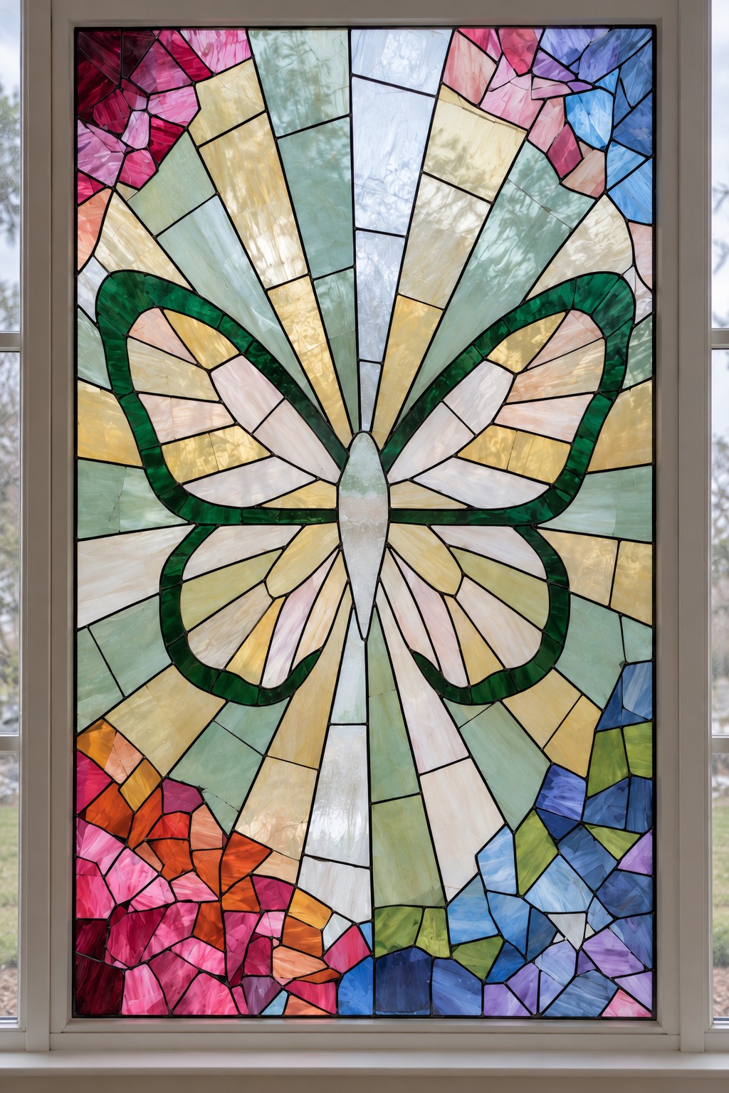 Butterfly with pale segmented wings, a dark green outline, and radiating cream and pastel background shapes