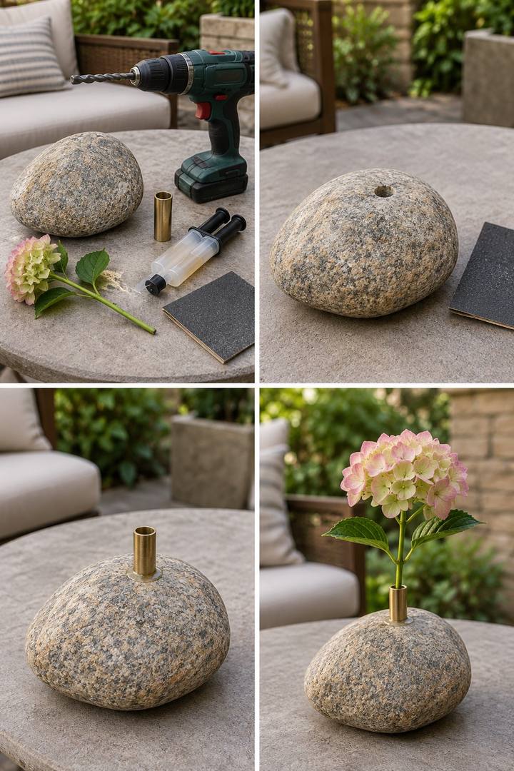 A speckled stone with a prepared hole, brass insert, and a single flowering stem