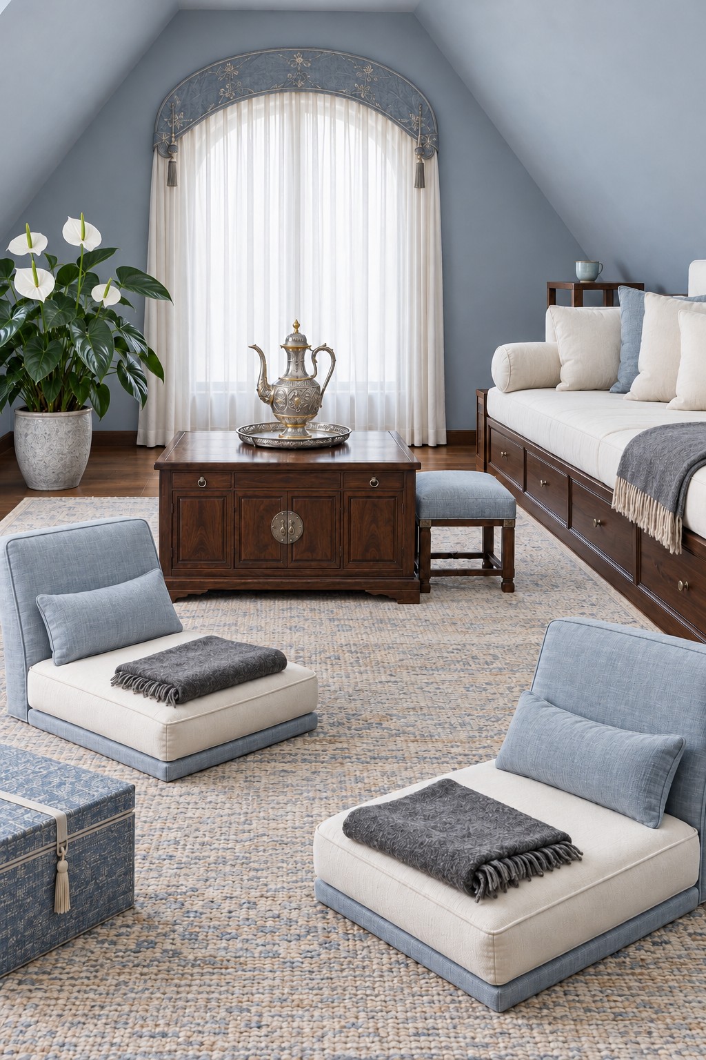 Blue gray floor chairs and a cushioned window bench around a wooden chest holding a metal tea service