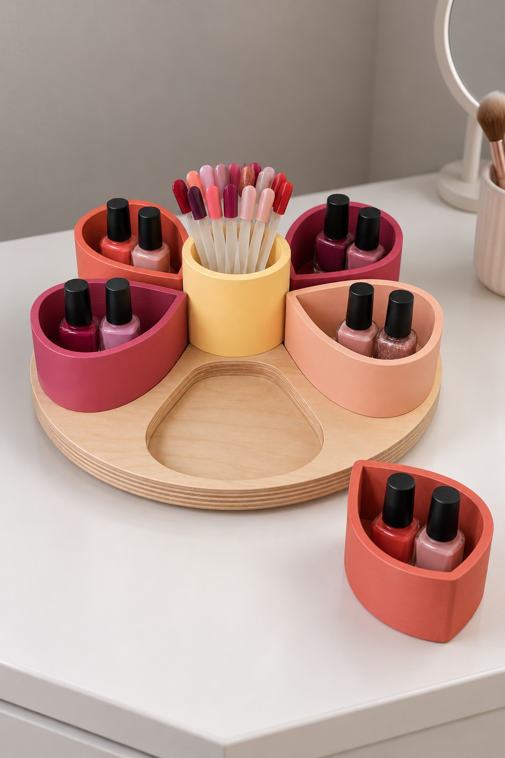 Round wooden organizer with warm colored petal shaped nail polish pods and a yellow central swatch cup
