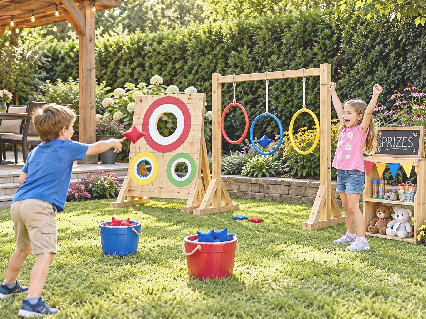 Beanbag toss board and hanging hoops with a small prize shelf in a garden