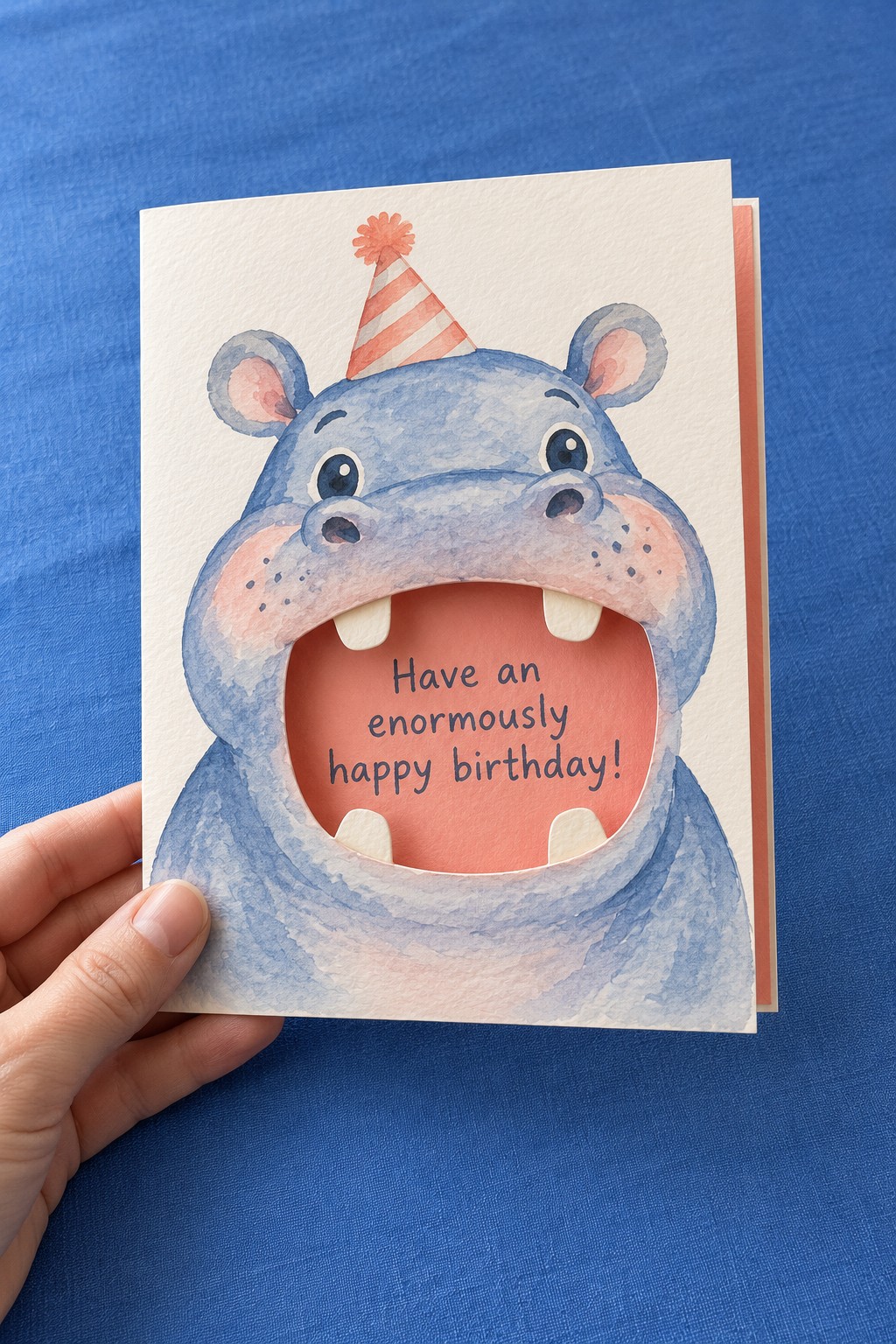 Watercolor blue hippo birthday card with an open coral mouth, cream teeth, and a striped party hat
