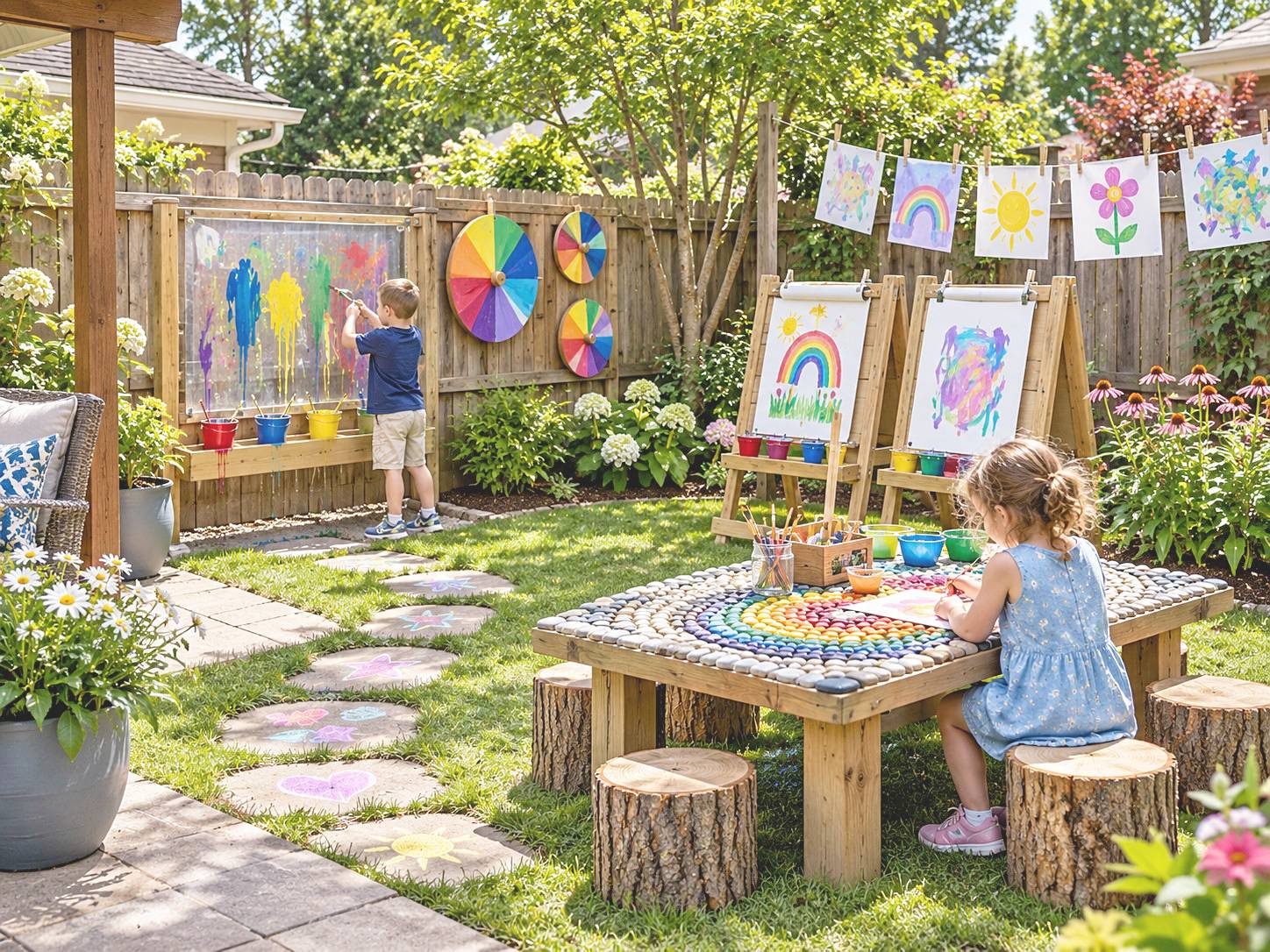 Outdoor art area with a clear painting panel, easels, a craft table, and artwork display