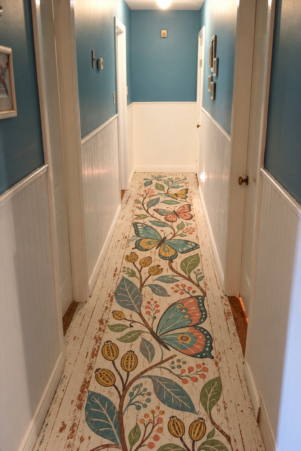Long cream hallway runner illustrated with teal butterflies, leafy stems, berries, and ochre seed pods