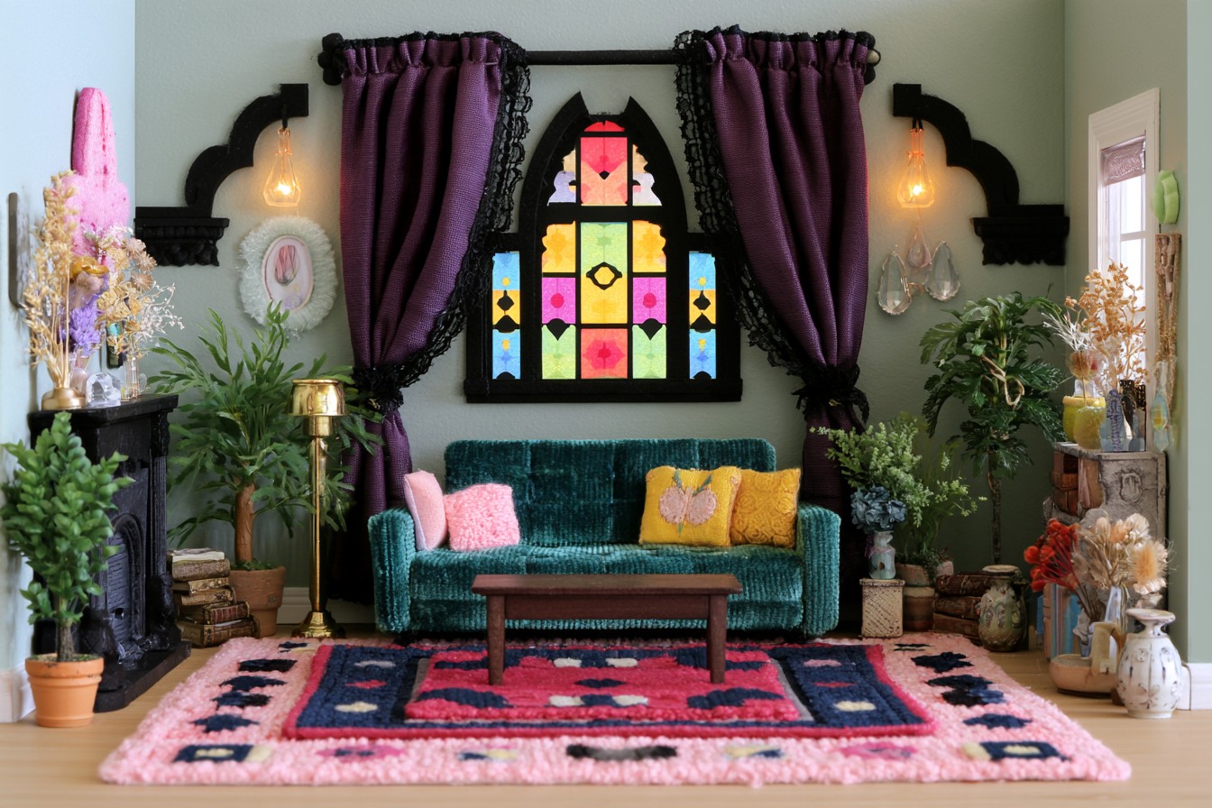 Deep teal loveseat beneath a pointed colored glass panel, framed by plum curtains and surrounded by potted plants