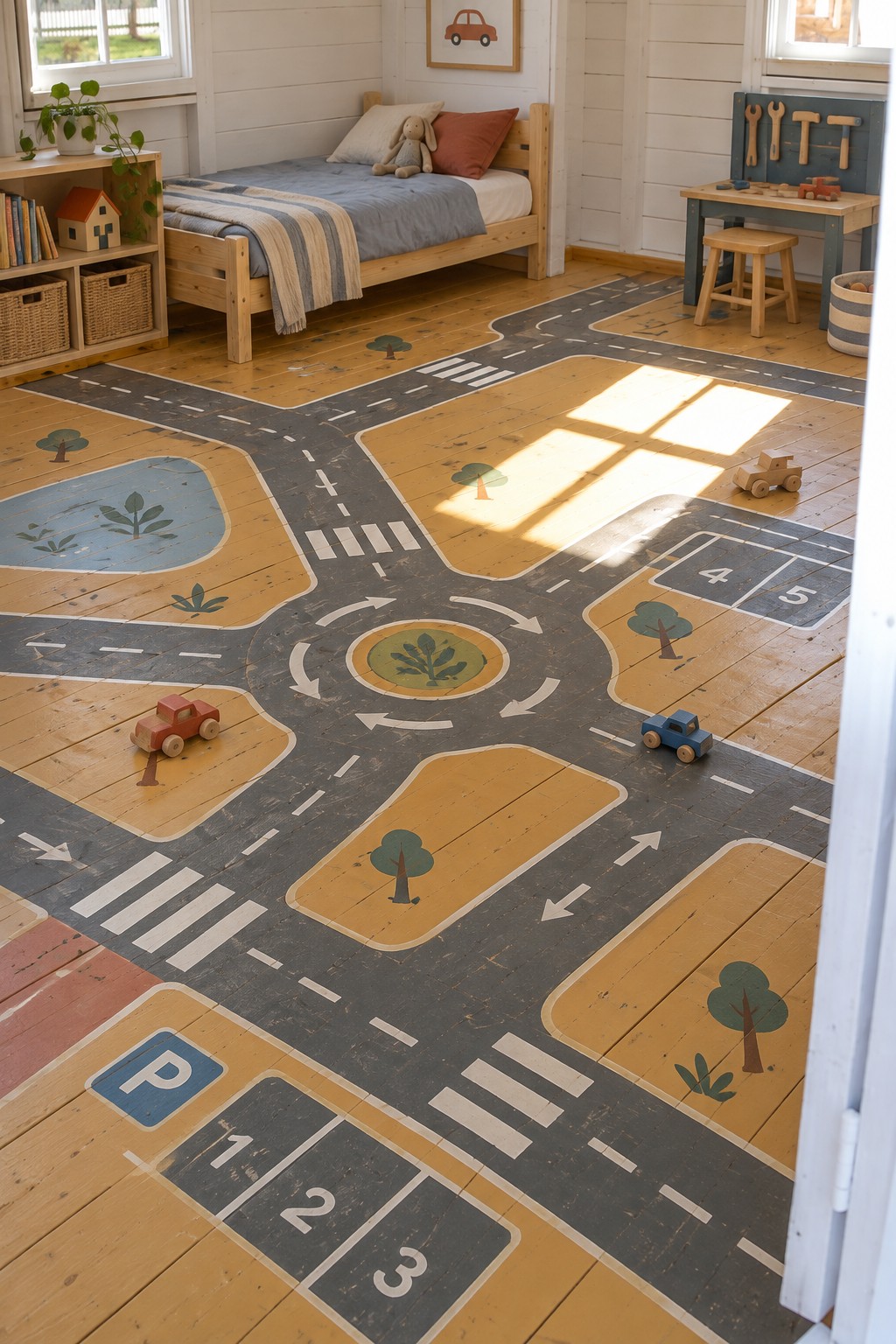 Charcoal roads, white crossings, parking spaces, arrows, and a central roundabout painted on a playroom floor