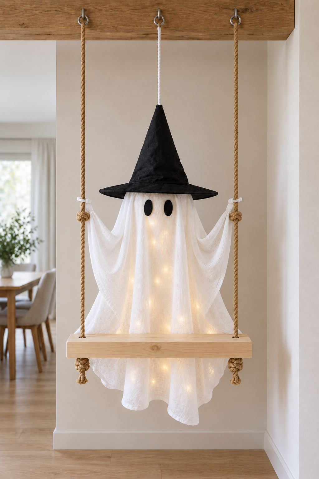 Finished white witch ghost with raised fabric arms and soft internal lights on its independently suspended wooden swing.