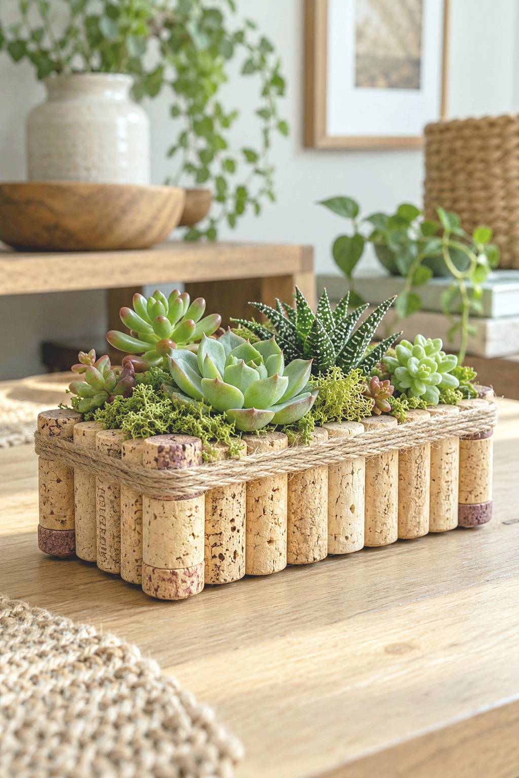 Rectangular cork clad planter with succulents and a twine border