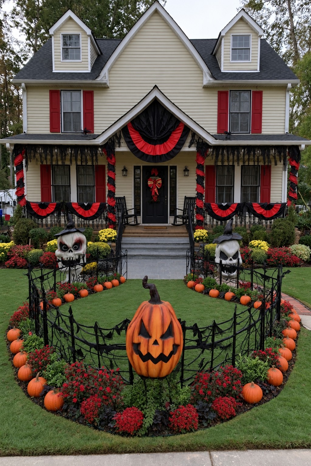 Red and black porch drapery above a curved fence, pumpkin centerpiece, and skull ornaments