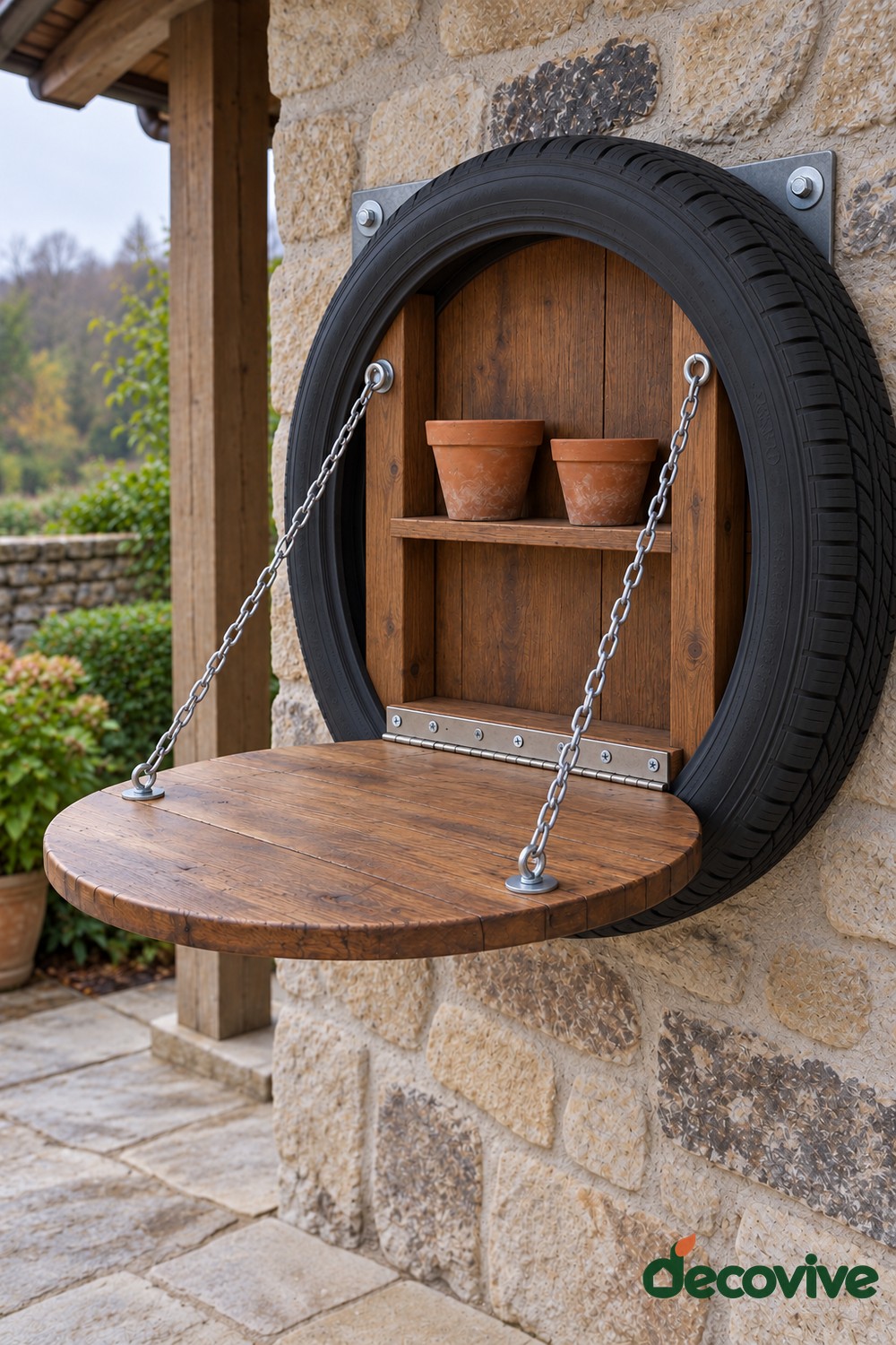 Black tire surrounding a wooden wall cabinet with two terracotta pots and a fold down circular shelf supported by chains fixed to wooden uprights