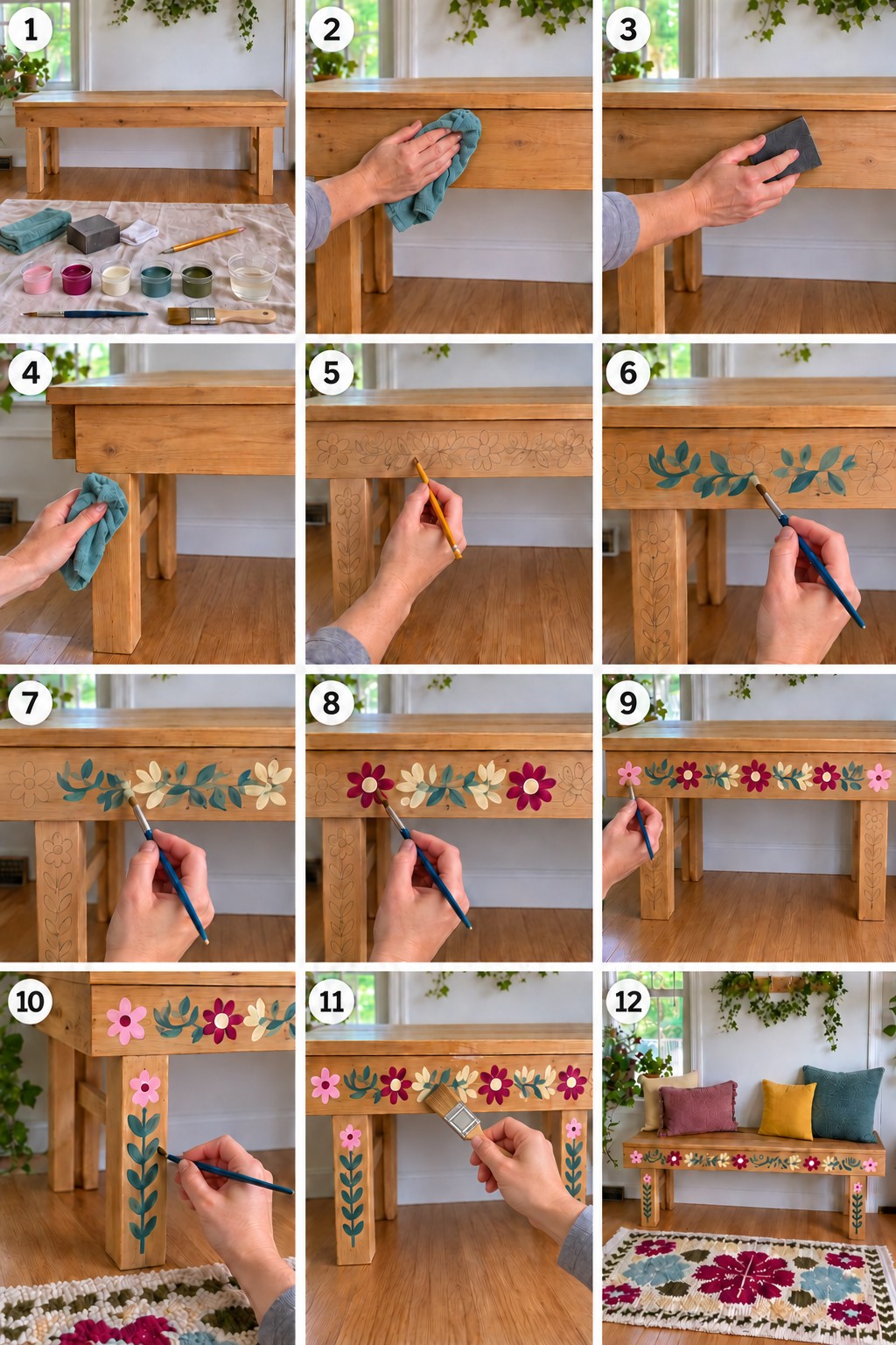 Furniture painting stages showing cleaning, surface preparation, a floral sketch, painted leaves and petals, and a finishing coat