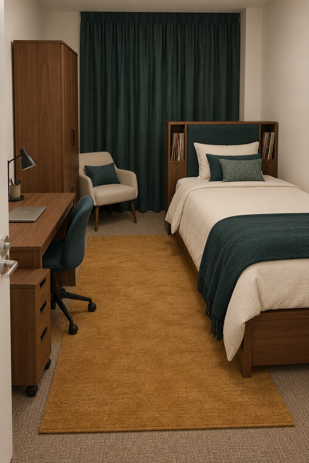 A single bed with teal accents, deep teal curtains, wooden furniture, and a mustard rug