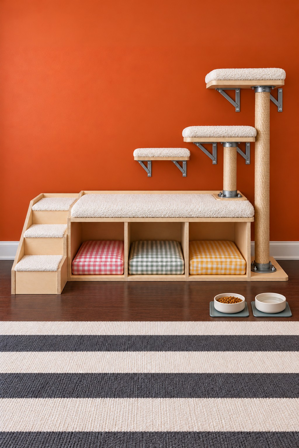 Three checked cat beds beneath padded platforms and two sisal climbing columns