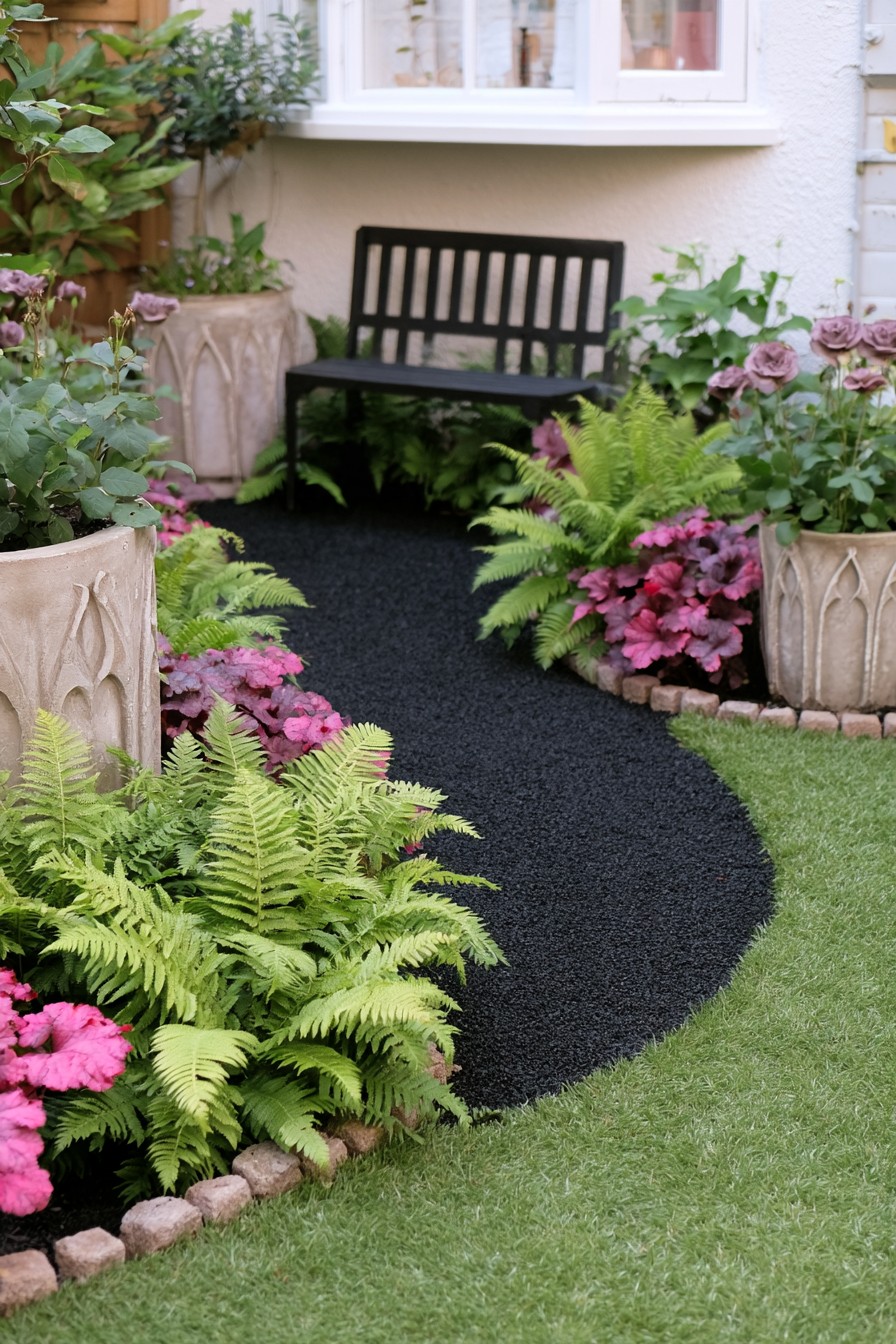 Black gravel garden path with Gothic sculptural planters