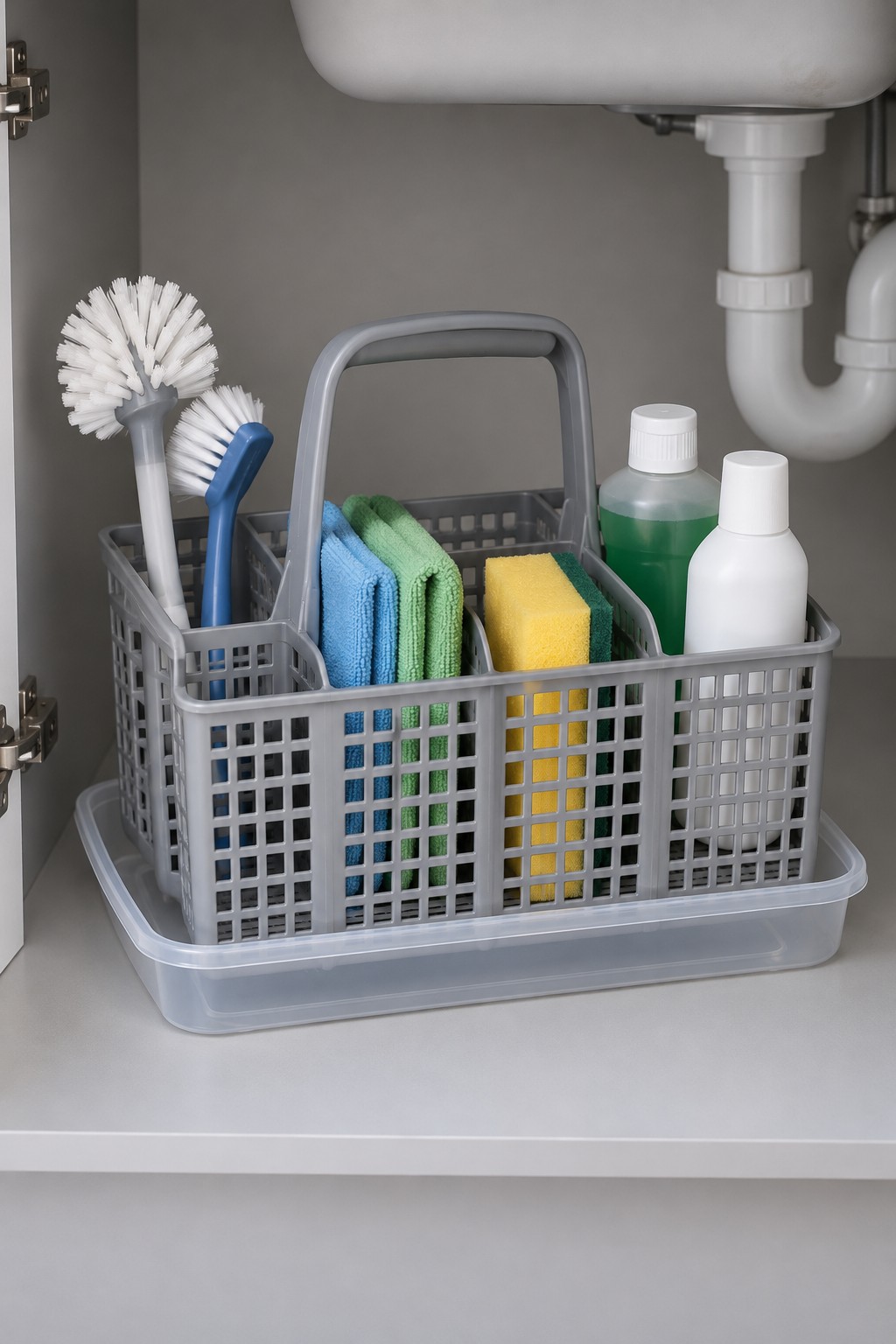 Reused gray dishwasher cutlery basket with a carry handle holding brushes sponges cloths and cleaning bottles beneath a sink