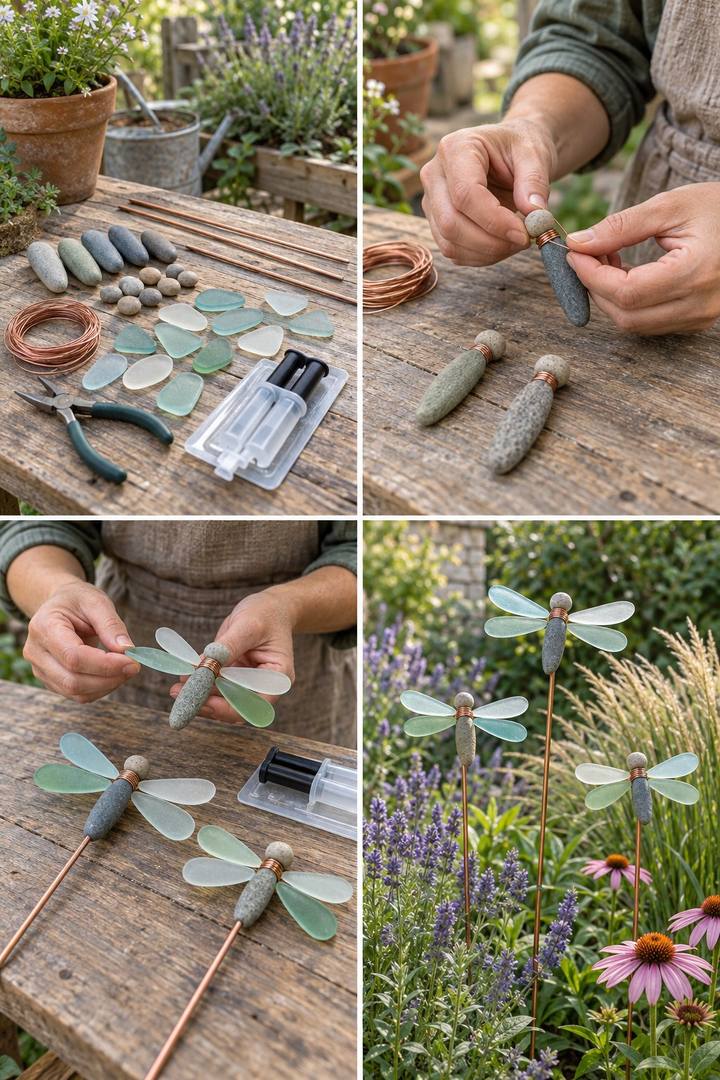Garden stakes with gray pebble dragonfly bodies, aqua glass wings, and copper wire details