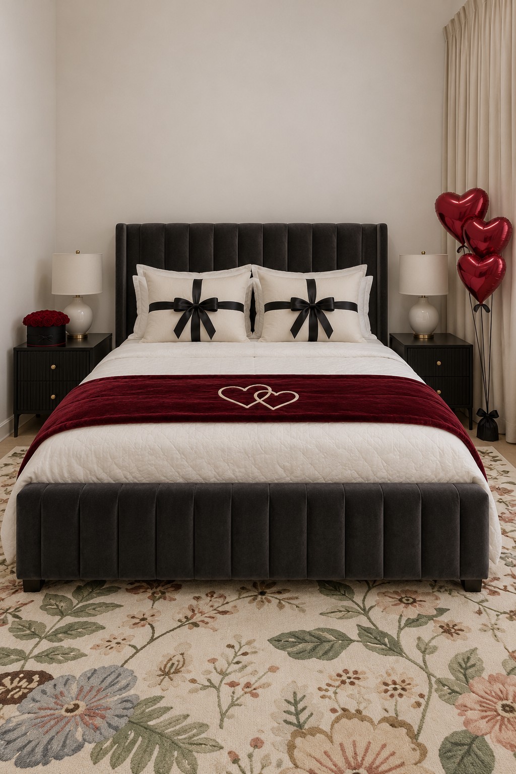 Black upholstered bed with white bow cushions, a burgundy runner, and two outlined hearts